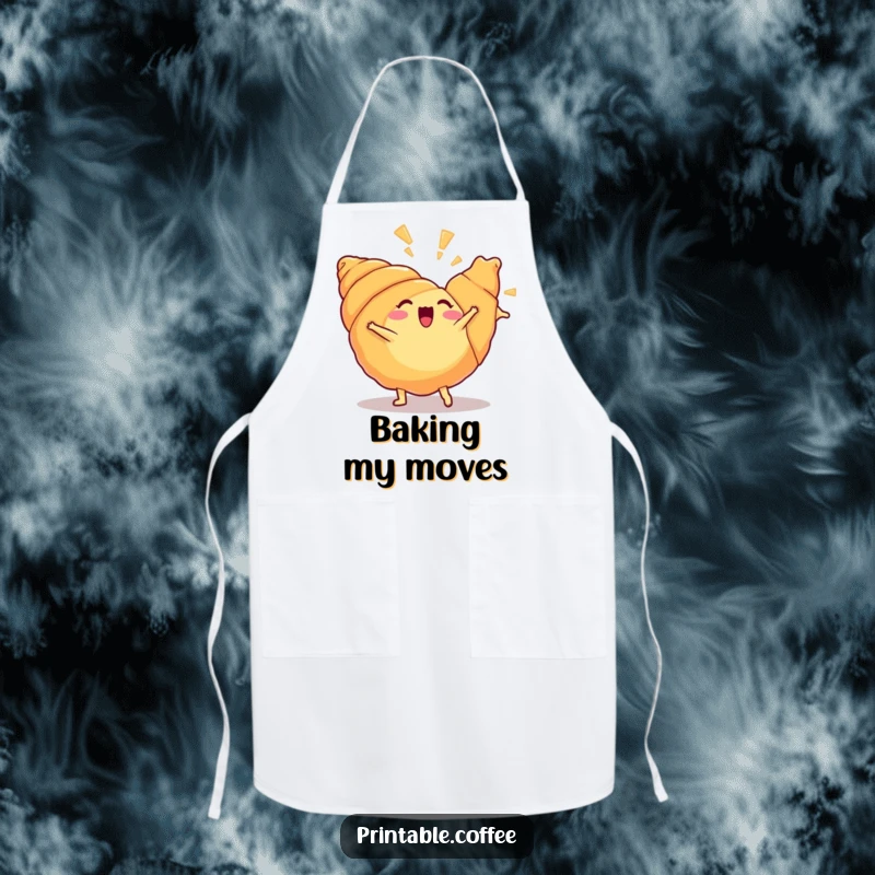Funny croissant apron featuring an excited croissant doing a cartwheel while baking, perfect for kitchen fun.