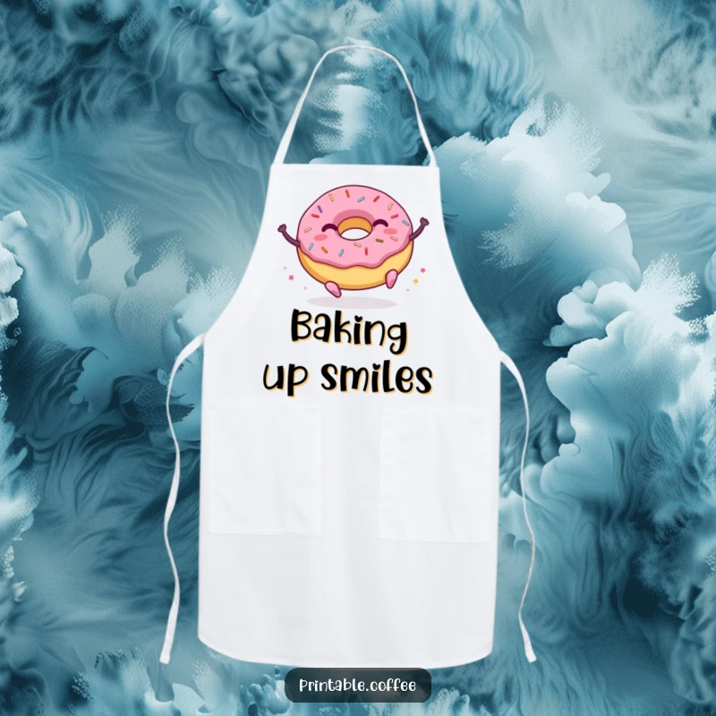 Funny donut apron with a character joyfully bouncing with sprinkles, perfect for adding cheer to any cooking or baking activity.