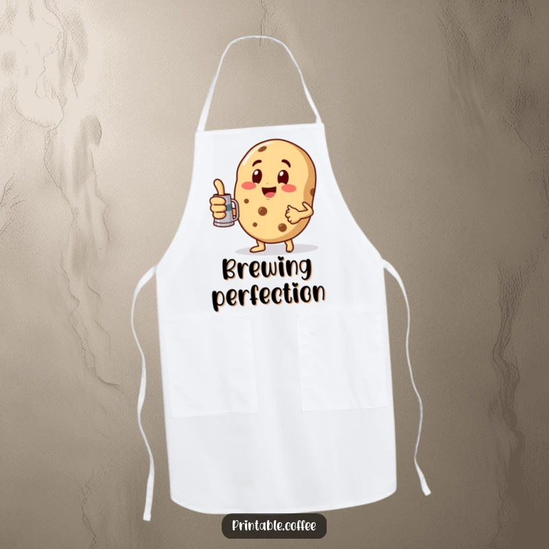 Funny Apron depicting a playful cookie character giving a thumbs up while holding a miniature coffee pot, ready for kitchen fun.