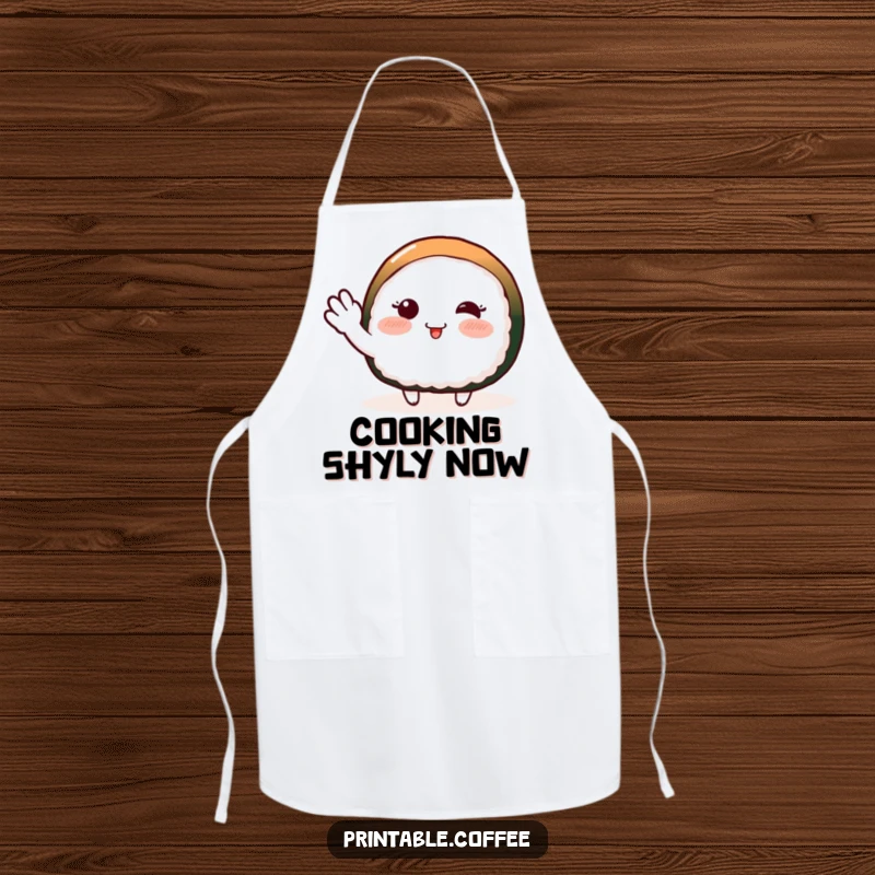Funny apron showing a blushing piece of sushi character doing a shy wave, perfect for humorous cooking sessions.