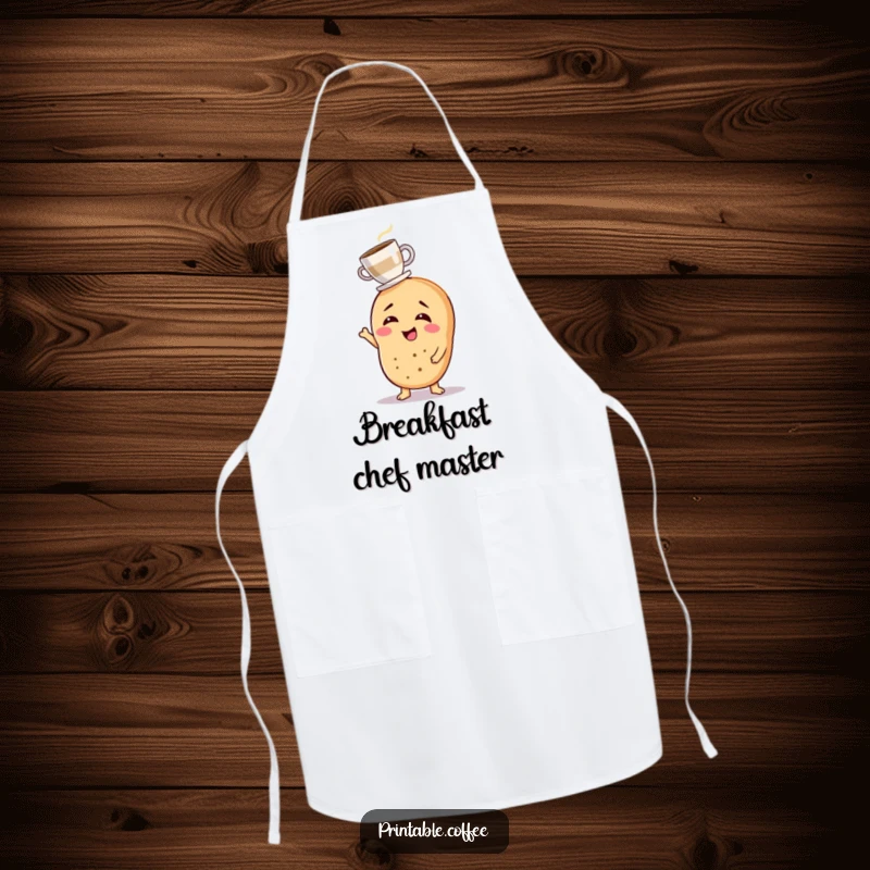 Funny apron with a giggling bagel character balancing a tiny coffee cup, a humorous kitchen accessory.