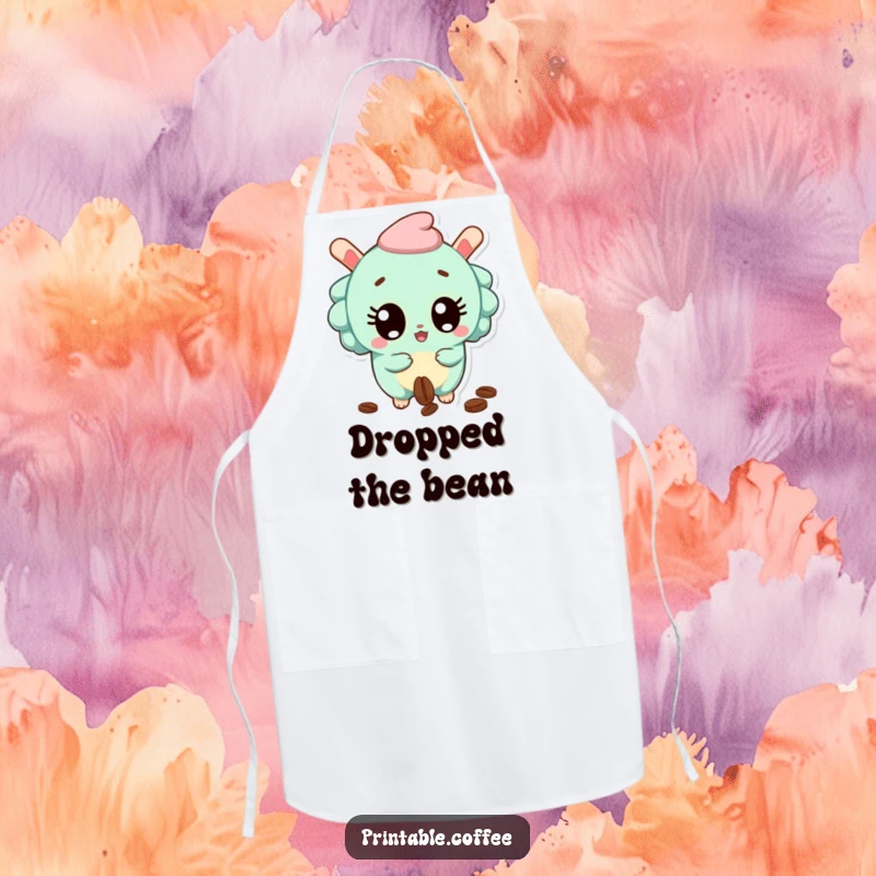 Funny Apron depicting a surprised churro character with wide eyes, dropping a coffee bean, ready for kitchen surprises.