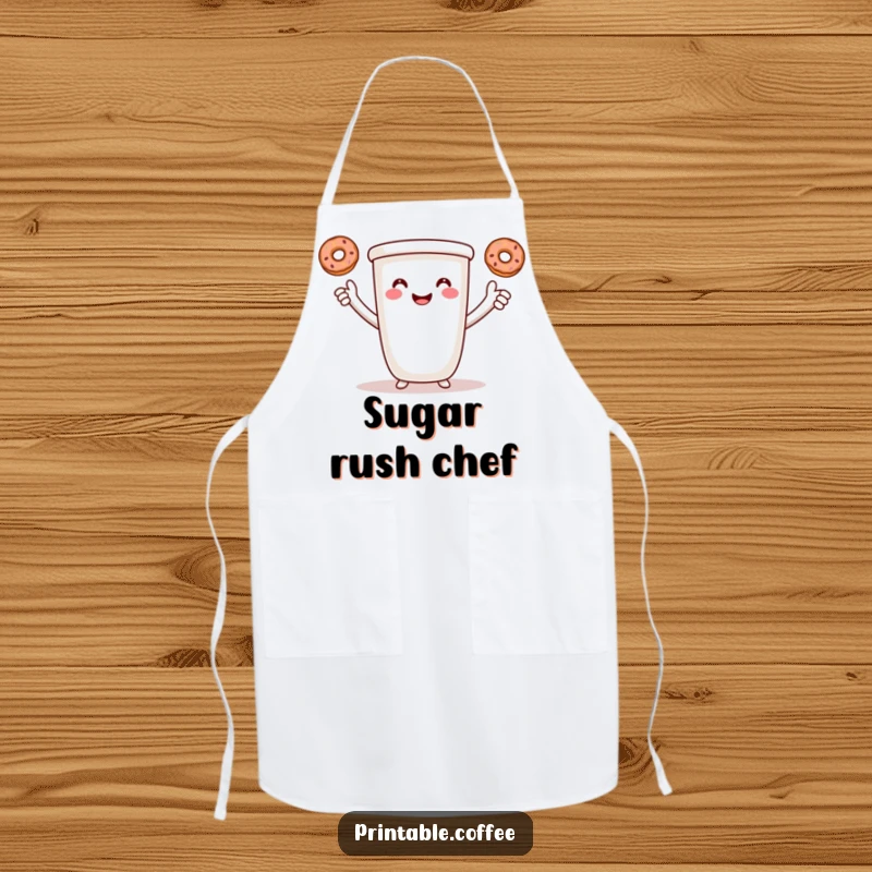 Funny coffee apron featuring a smiling cartoon coffee cup with arms, juggling three tiny donuts.