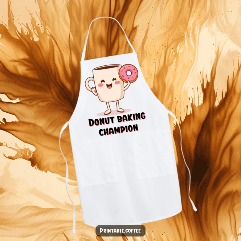 Funny coffee mug with legs triumphantly holding a donut, a durable and amusing apron for delightful breakfast sessions.