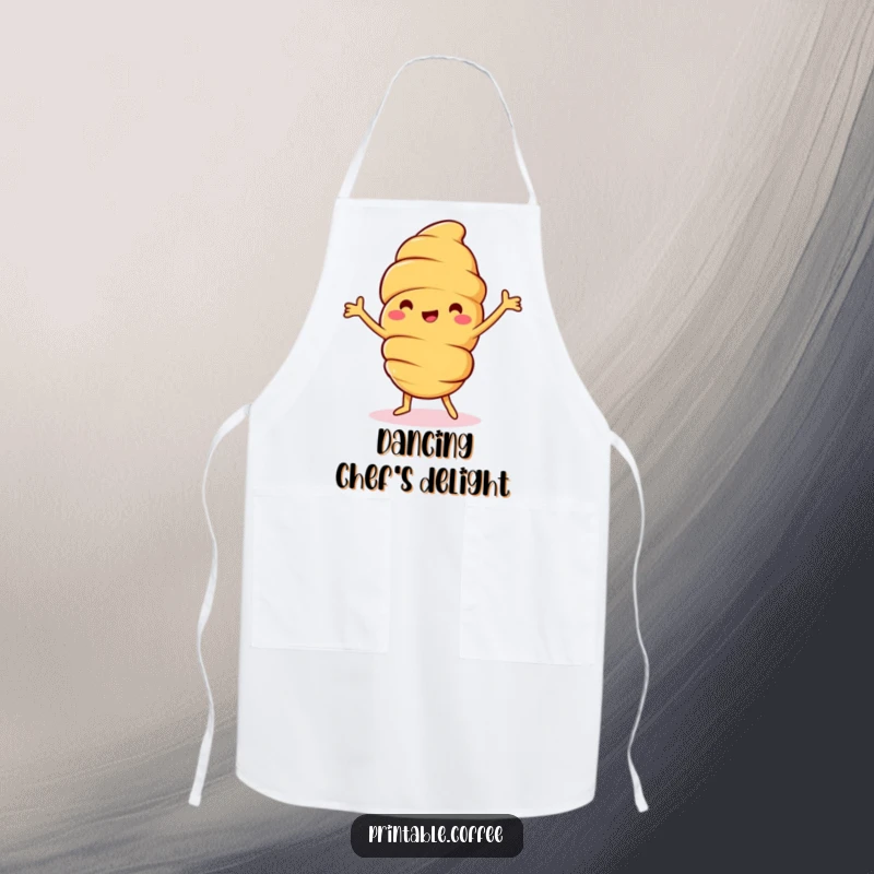 Funny croissant apron depicting a jolly pastry character mid-happy dance, ready to protect clothes with comedic flair during any kitchen task.