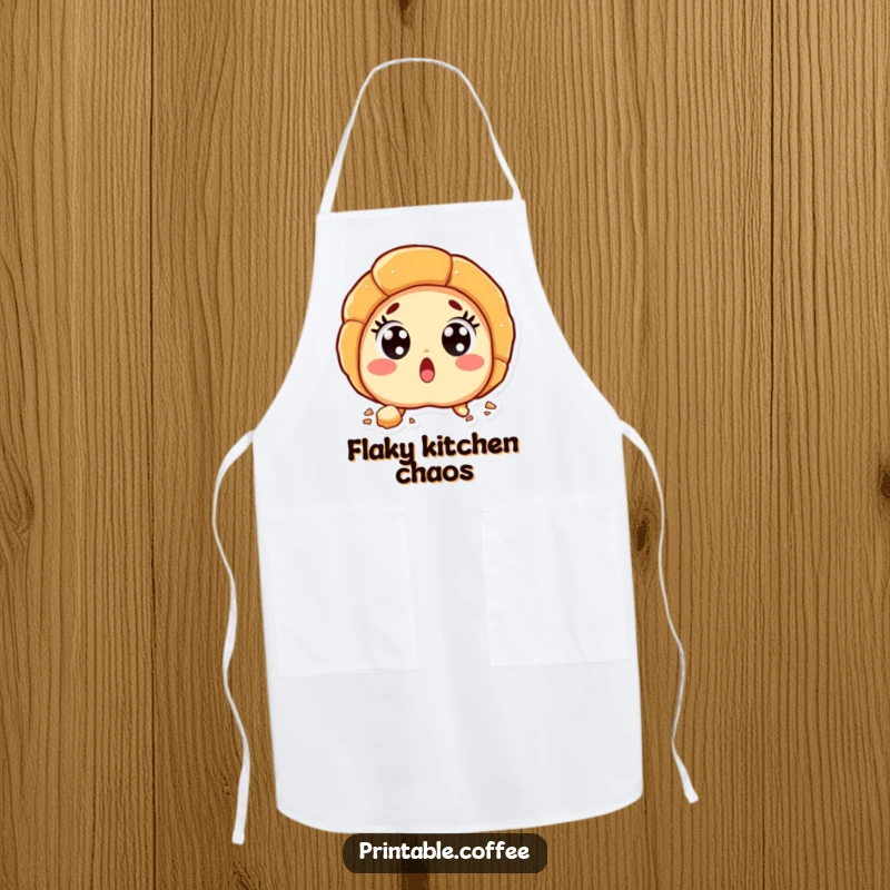 Funny croissant character with wide, surprised eyes and flaky crumbs, featured on a functional kitchen apron.