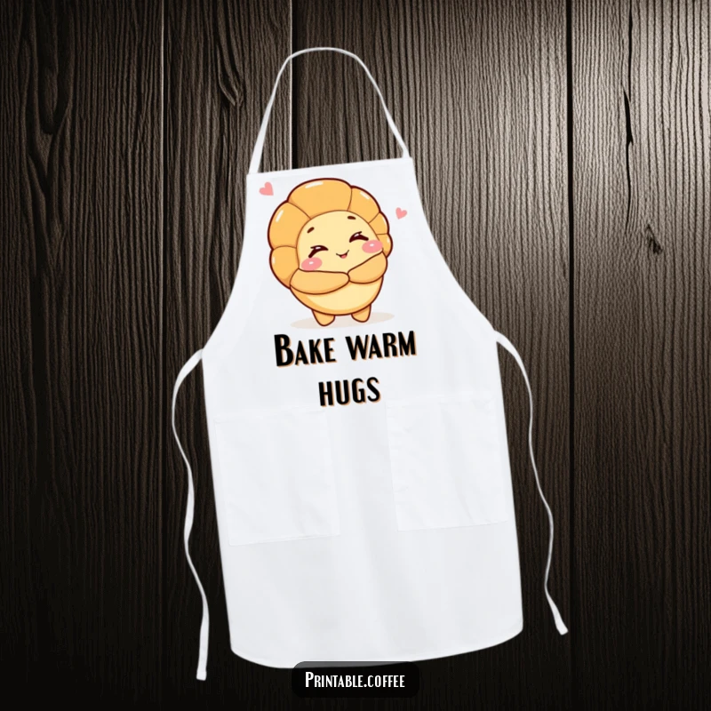 Funny apron featuring a croissant character winking and offering a hug, perfect for bakers who love to share warmth and delicious treats.