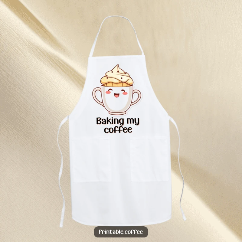 Funny laughing muffin character peeking from behind a giant coffee cup on a kitchen apron, for cheerful cooking.