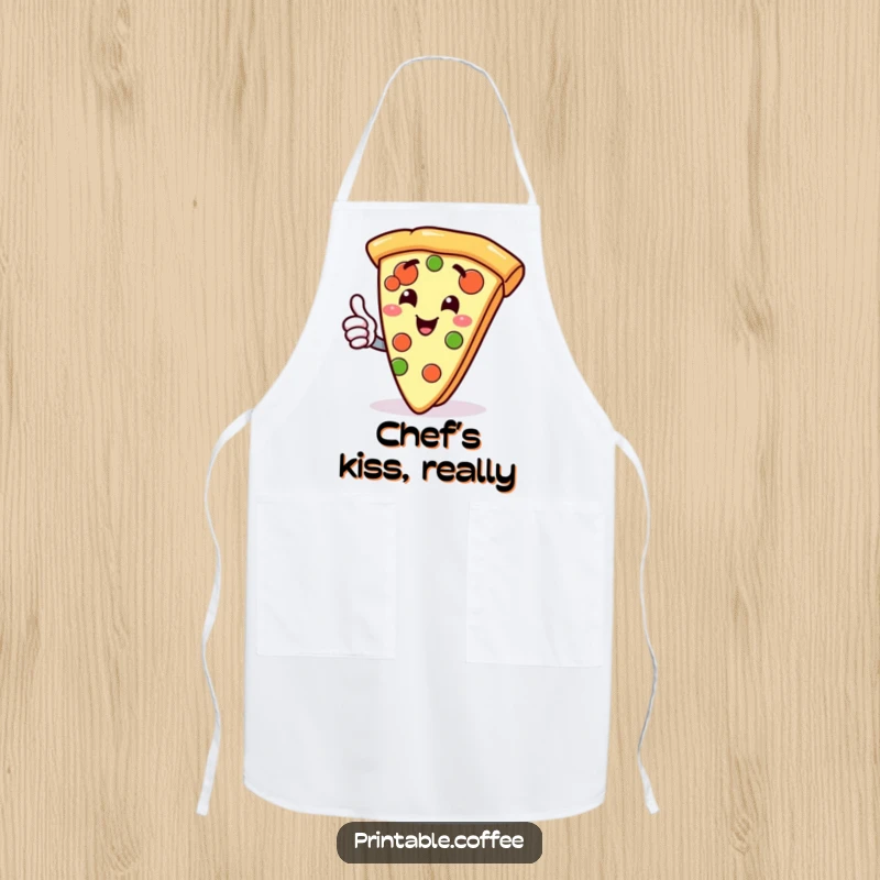 Funny apron showing a gleeful slice of pizza character giving a thumbs up, perfect for humorous cooking sessions.