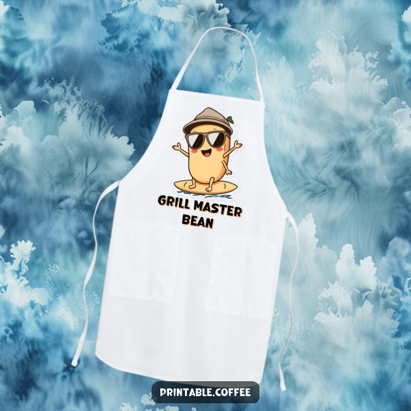 Funny apron featuring a coffee bean character wearing sunglasses, surfing on a wave, designed for cooks who love a laid-back vibe.