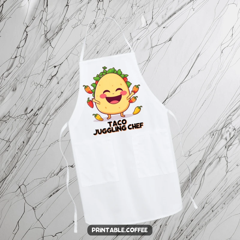 Funny taco character laughing while juggling tiny jalapeño peppers, featured on a functional kitchen apron.
