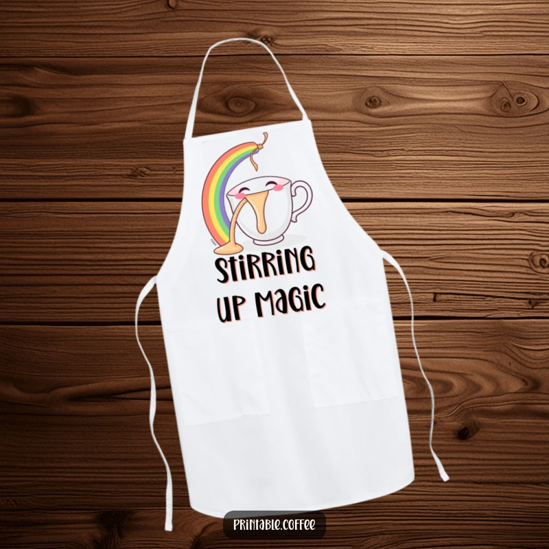 Funny teacup apron featuring a smiling character gleefully pouring a bright rainbow, perfect for adding cheer to kitchen activities.