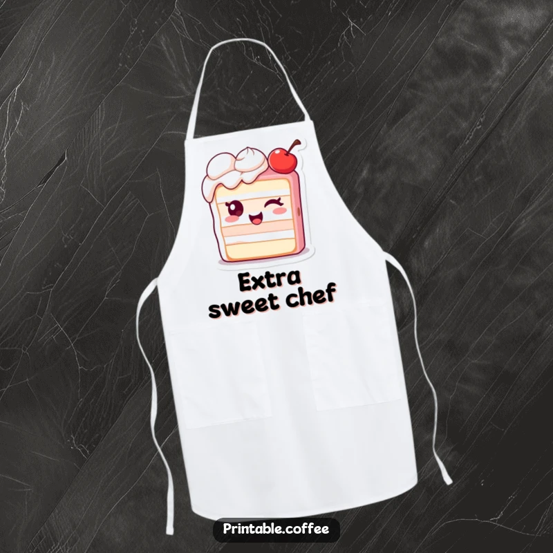 Funny apron showing a winking piece of cake character with an extra cherry, perfect for humorous baking sessions.