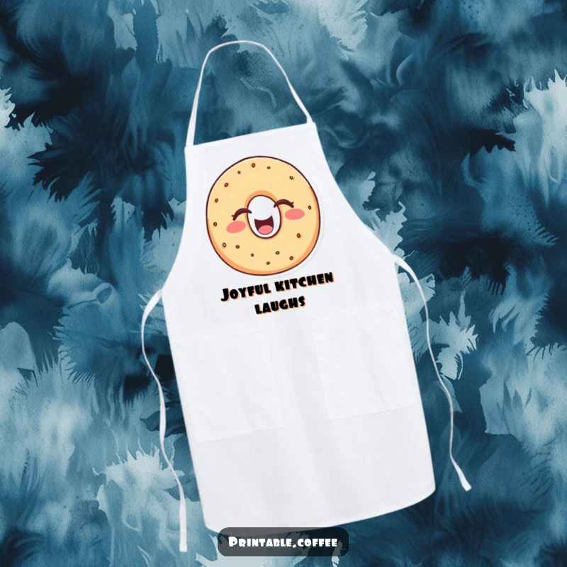Funny bagel apron featuring a cheerful bagel character in a hearty laugh, eyes closed, ready to make cooking a hilariously joyful experience.