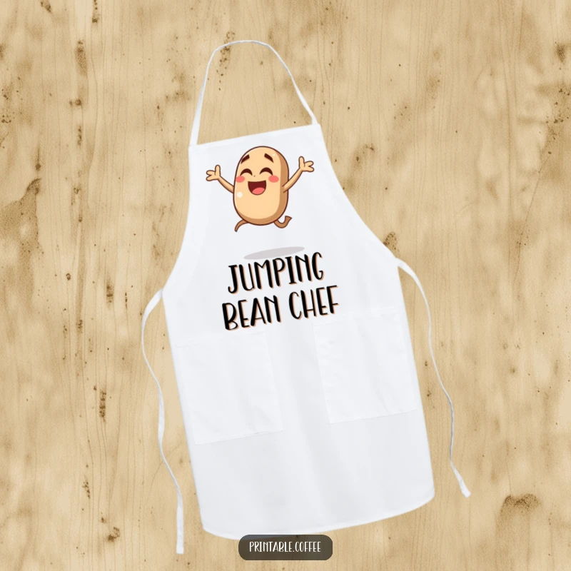 Funny coffee bean apron featuring a giggling character joyfully jumping in mid-air, ready to add caffeinated cheer to any kitchen task.