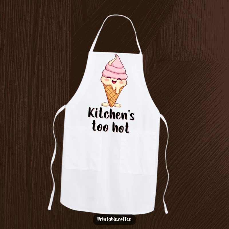 Funny apron showing a giggling ice cream cone character melting slightly, perfect for kitchen use with a humorous twist.