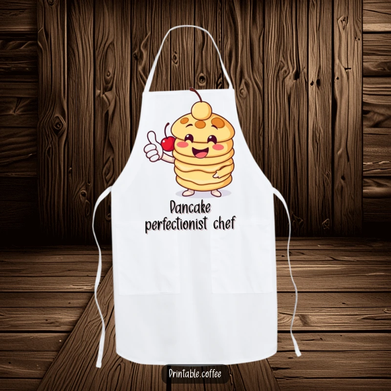 Funny pancake apron featuring a cheerful stack character giving a thumbs-up, topped with a cherry, ready to make cooking a positively delicious experience.