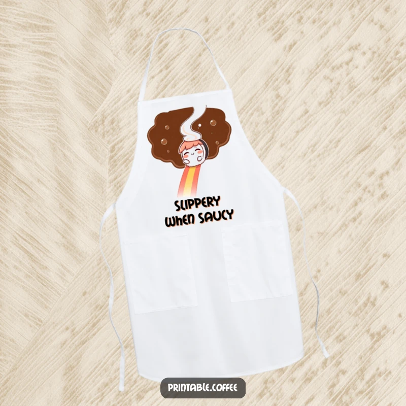 Funny apron: A winking sushi character slides down a coffee steam rainbow, bringing playful charm to the kitchen.