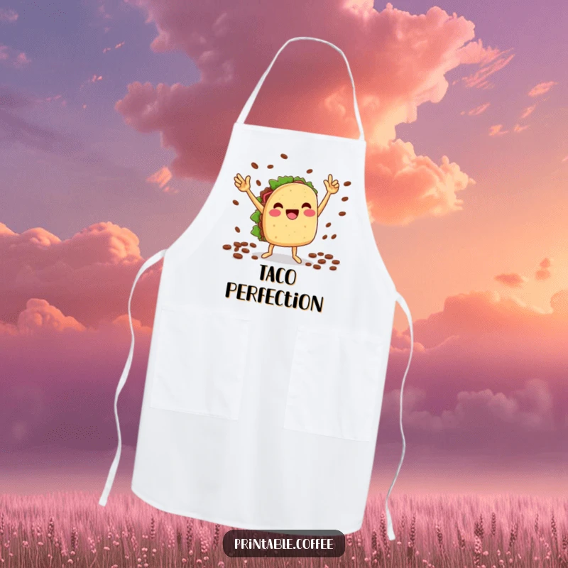 Funny apron: A cheesy taco character dances triumphantly, holding coffee beans, bringing fiesta spirit to the kitchen.