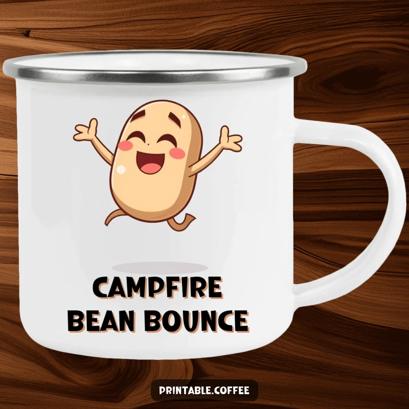 Funny coffee bean camping mug featuring a giggling character jumping with joy, perfect for enjoying drinks during outdoor adventures with caffeinated cheer.