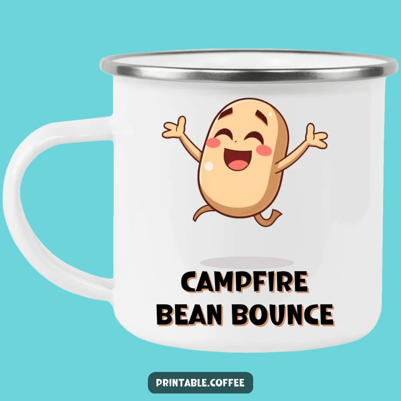 Funny Coffee Bean Jump Camping Mug: Giggling Character Joyful Mid-Air Leap - Outdoor Fun & Hilarious Gift