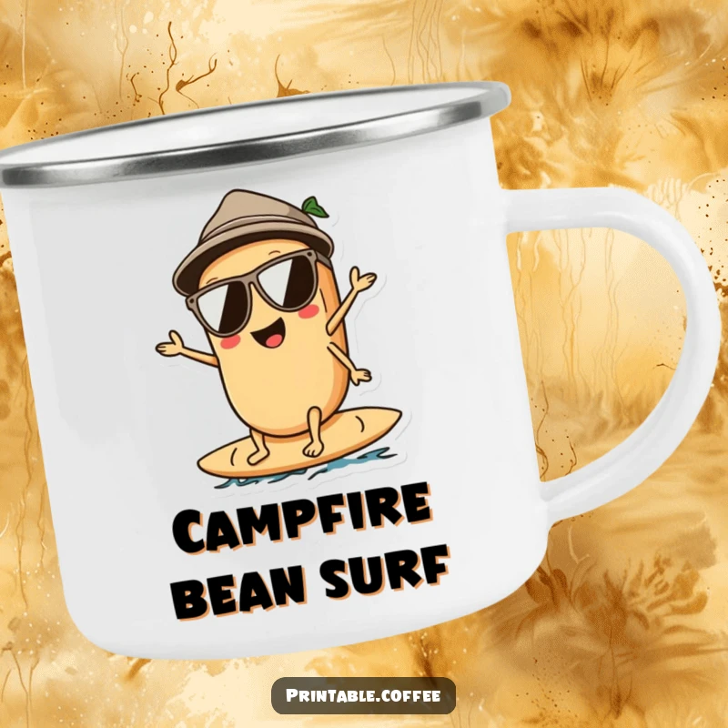 Funny enamel camping mug featuring a coffee bean character wearing sunglasses, surfing on a wave, for cool outdoor enjoyment.