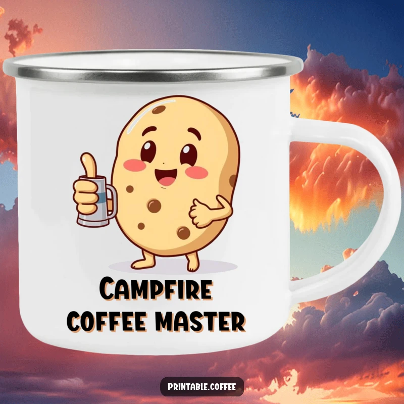 Funny Camping Mug featuring a playful cookie character giving a thumbs up while holding a miniature coffee pot, perfect for outdoor positivity.