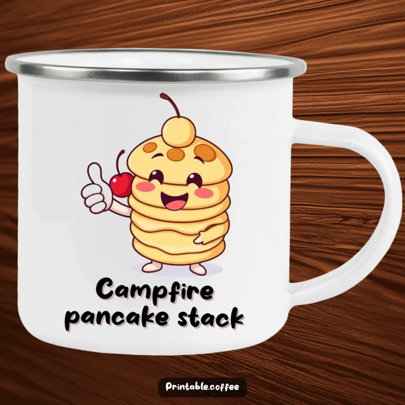 Funny pancake camping mug featuring a cheerful stack character giving a thumbs-up with a cherry, perfect for enjoying breakfast beverages outdoors with glee.