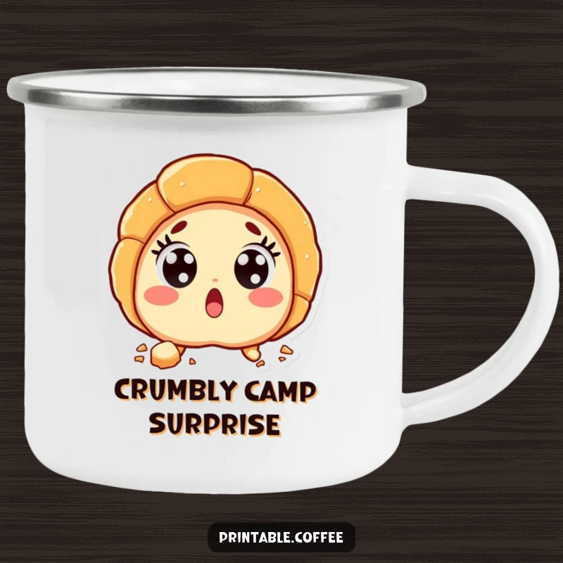 Funny croissant character with wide, surprised eyes and flaky crumbs, printed on a sturdy camping mug.