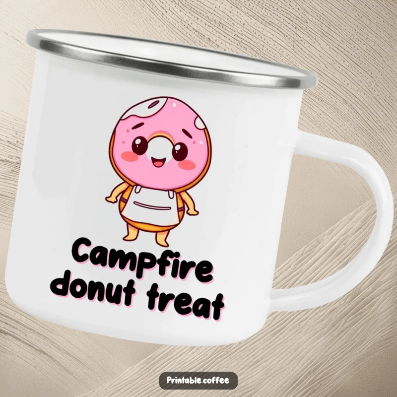 Funny enamel camping mug featuring a happy donut character in a tiny barista apron, for sweet outdoor enjoyment and good cheer.