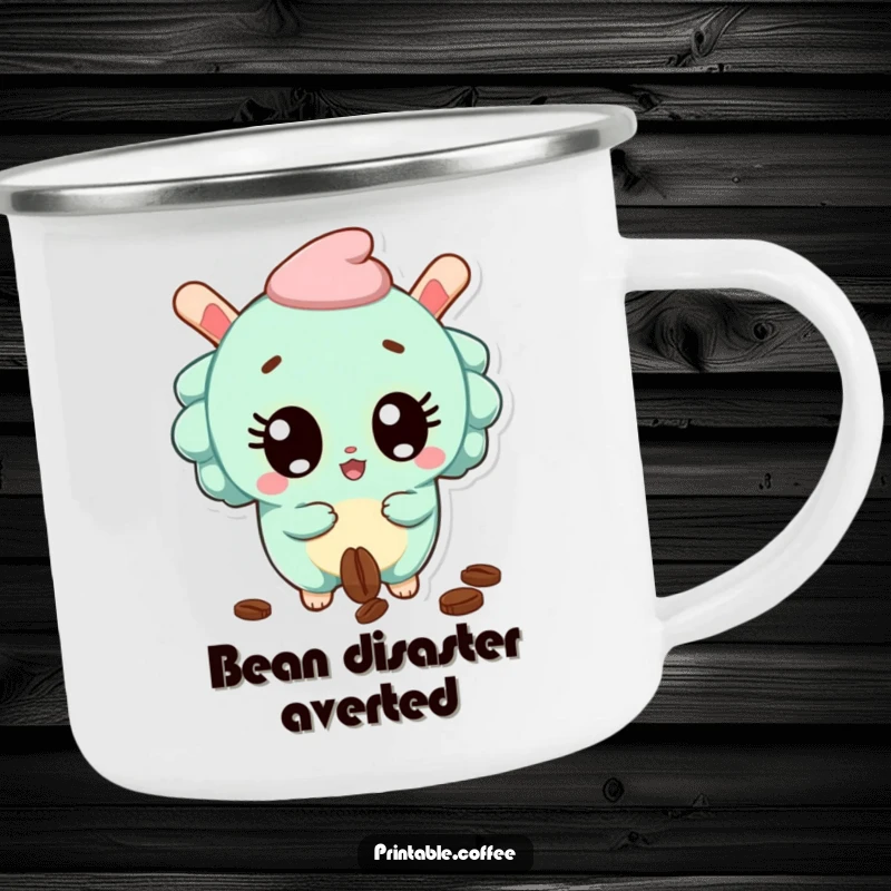 Funny Camping Mug featuring a surprised churro character with wide eyes, dropping a coffee bean, perfect for surprising moments.
