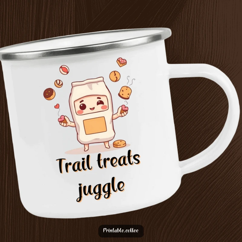 Funny enamel camping mug showcasing a steaming coffee bag character juggling pastries, perfect for outdoor enjoyment and good humor.