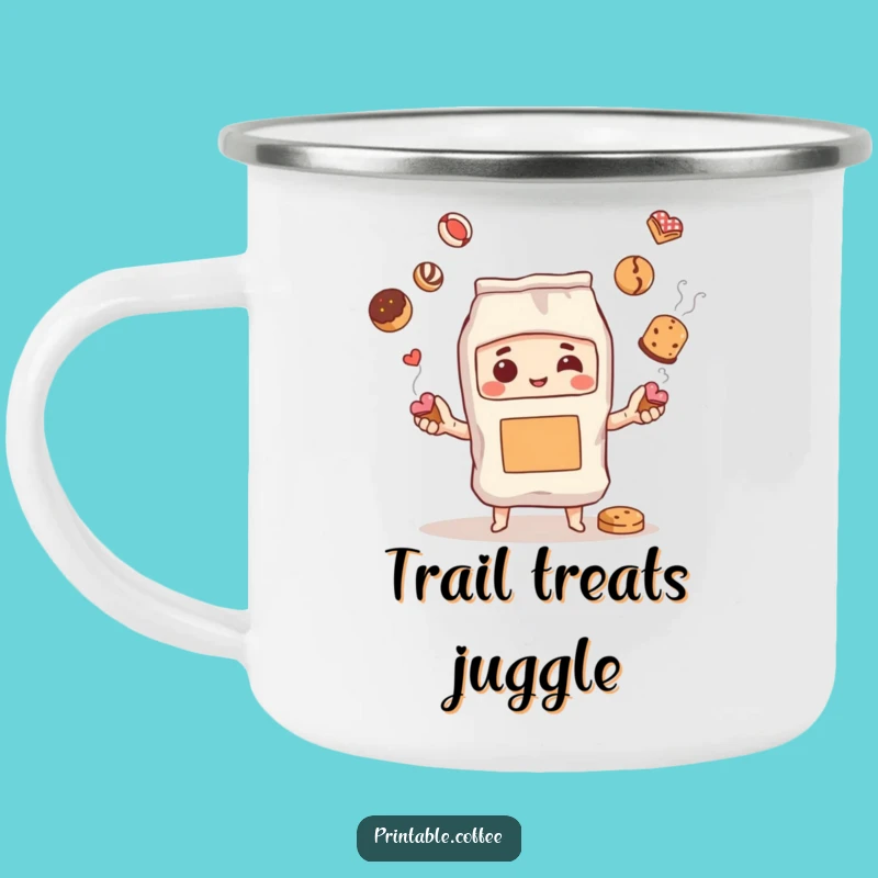 Funny Coffee Bag Juggling Pastries Enamel Camping Mug for Adventures