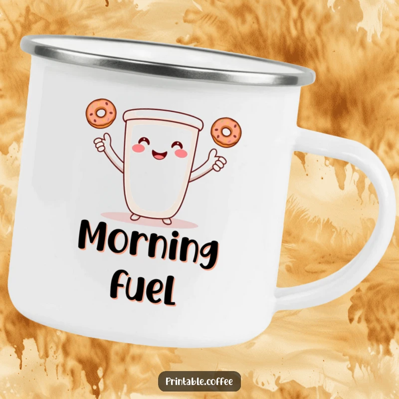 Funny coffee camping mug featuring a smiling cartoon coffee cup with arms, juggling three tiny donuts.