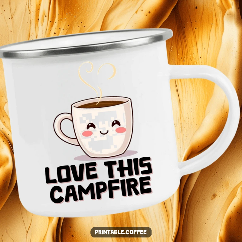 Funny smiling coffee mug character with steam forming a heart shape, on a durable camping mug for humorous outdoor enjoyment.