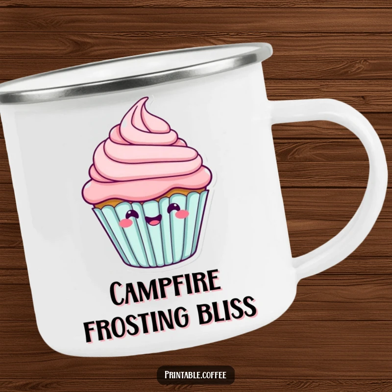 Funny cupcake character with joyfully wiggling frosting, printed on a sturdy camping mug.