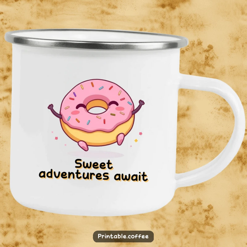 Funny donut camping mug with a character featuring sprinkles joyfully bouncing, perfect for enjoying drinks around the campfire.