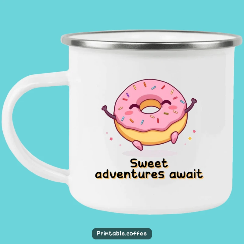 Funny Donut Camping Mug: Bouncing Sprinkles Character, Outdoor Joyful Gift