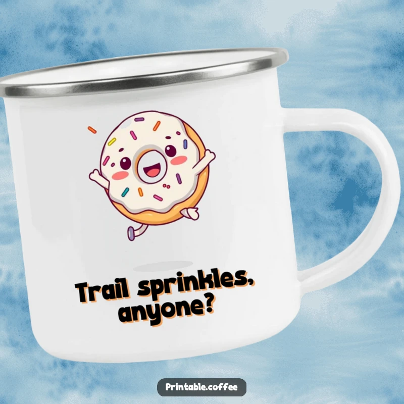 Funny donut character in a joyful jump with sprinkles flying, printed on a sturdy camping mug.