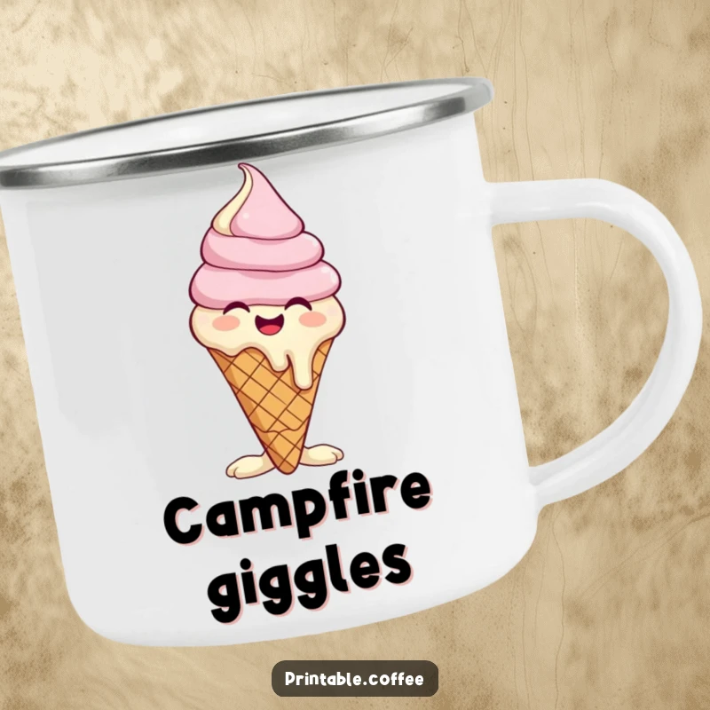 Funny camping mug with a giggling ice cream cone character melting slightly, perfect for outdoor enjoyment.