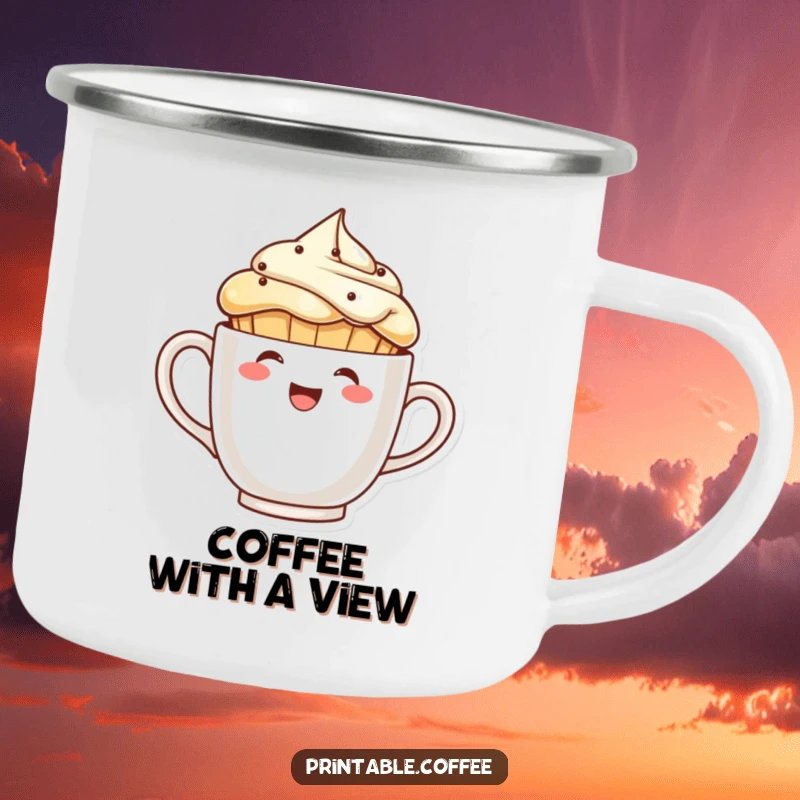 Funny laughing muffin character peeking from behind a giant coffee cup on a camping mug, for outdoor coffee enjoyment.