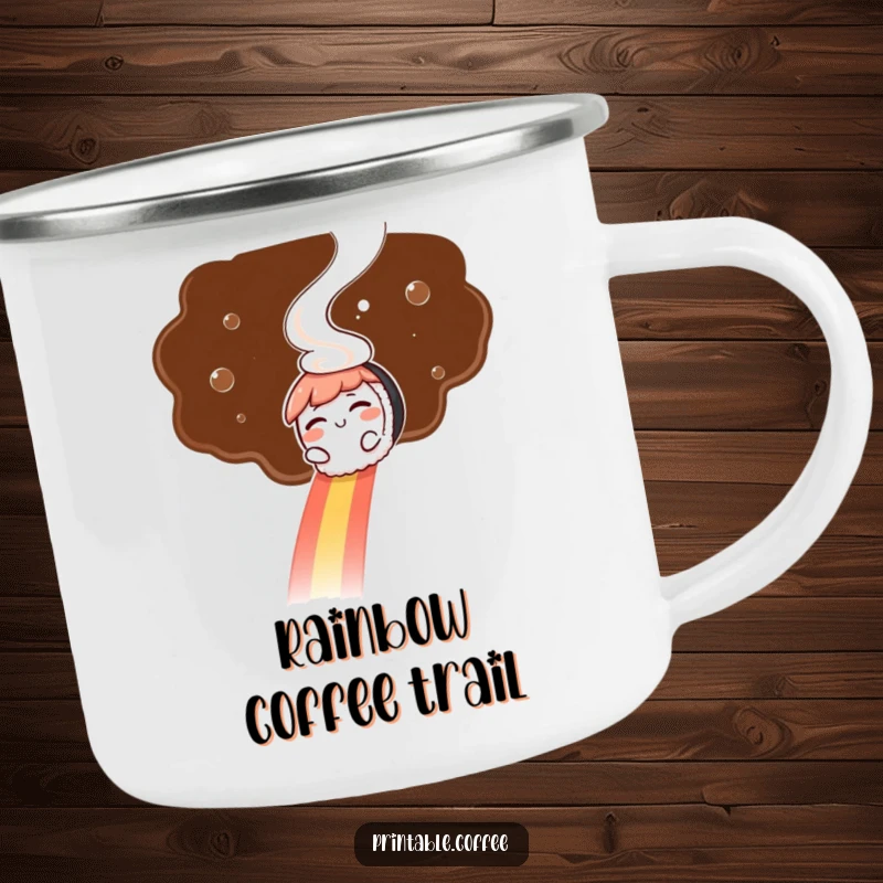 Funny camping mug: A winking sushi character slides down a coffee steam rainbow, adding a touch of whimsical fun to camping.