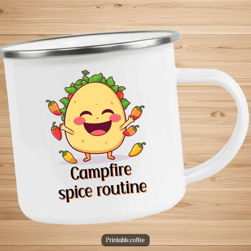 Funny taco character laughing while juggling jalapeño peppers, printed on a sturdy camping mug.