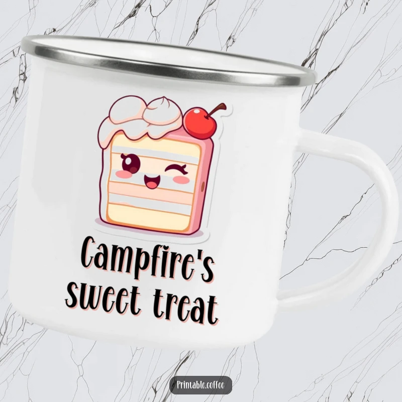 Funny camping mug with a winking piece of cake character and an extra cherry, perfect for outdoor enjoyment.