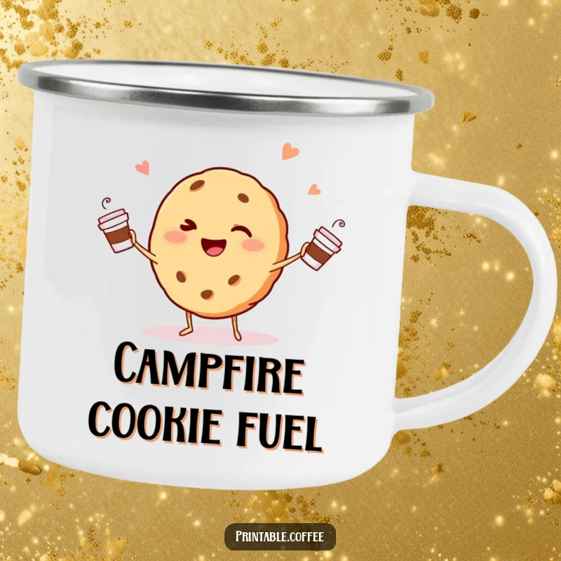 Funny winking cookie character happily juggling tiny coffee cups on a camping mug, for outdoor coffee enjoyment.