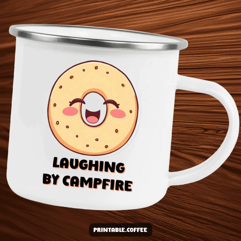 Funny bagel camping mug featuring a cheerful bagel character laughing heartily, eyes closed, perfect for enjoying beverages outdoors with comedic cheer.