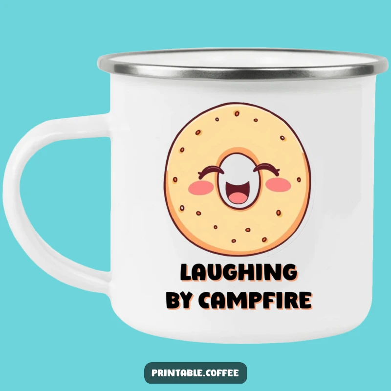 Funny Bagel Laugh Camping Mug: Cheerful Character Laughing Heartily - Outdoor Fun & Hilarious Gift
