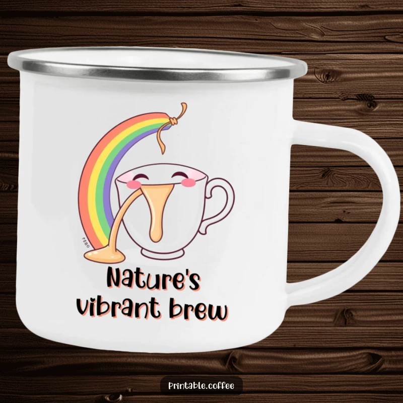 Funny teacup camping mug with a smiling character gleefully pouring a vivid rainbow, perfect for enjoying drinks outdoors.