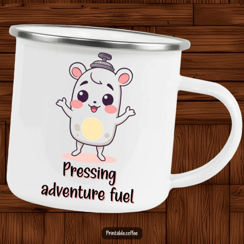 Funny French press camping mug with a character delightfully doing a little shimmy, perfect for enjoying coffee outdoors.