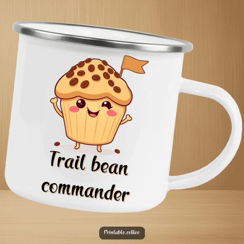Funny Camping Mug: A happy muffin character waves a small flag made of coffee beans, ready for any outdoor escapade.